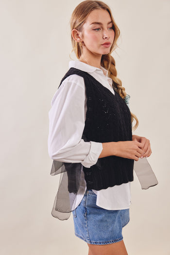 Listicle Pointelle Knit Ribbon-Tie Vest Top in Black