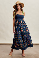 Listicle Floral Smocked Tiered Maxi Dress in Navy