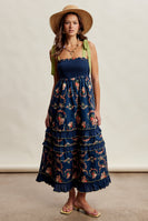 Listicle Floral Smocked Tiered Maxi Dress in Navy