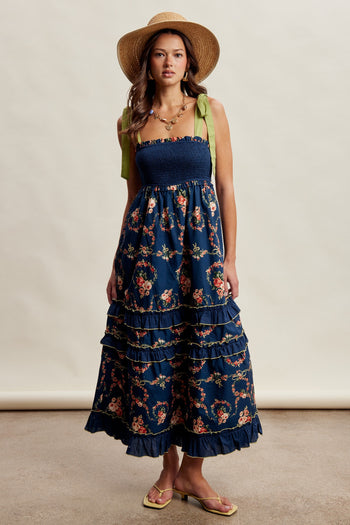 Listicle Floral Smocked Tiered Maxi Dress in Navy
