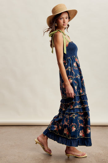 Listicle Floral Smocked Tiered Maxi Dress in Navy S at June Adel