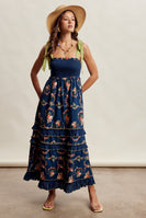 Listicle Floral Smocked Tiered Maxi Dress in Navy