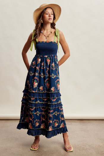 Listicle Floral Smocked Tiered Maxi Dress in Navy