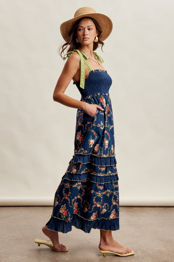 Listicle Floral Smocked Tiered Maxi Dress in Navy