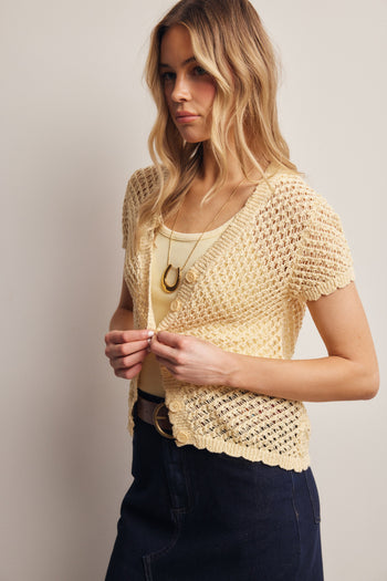 Forte Open Crochet Short Sleeve Cardigan Top in Butter Yellow