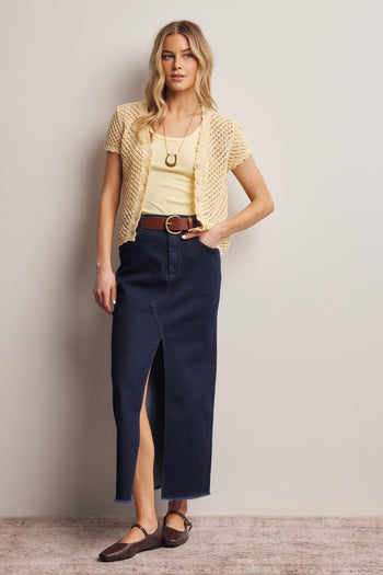 Forte Open Crochet Short Sleeve Cardigan Top in Butter Yellow