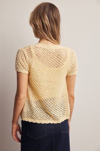 Forte Open Crochet Short Sleeve Cardigan Top in Butter Yellow