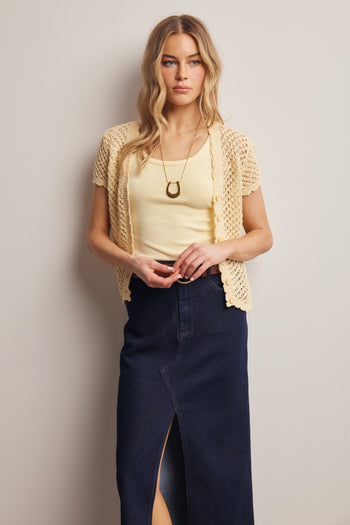 Forte Open Crochet Short Sleeve Cardigan Top in Butter Yellow