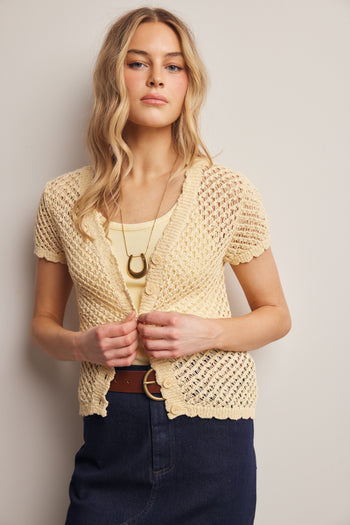 Forte Open Crochet Short Sleeve Cardigan Top in Butter Yellow