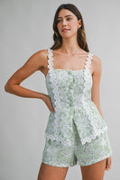 MABLE Stripe Eyelet Lace Scallop Trim Cami Top And Shorts Set in Green