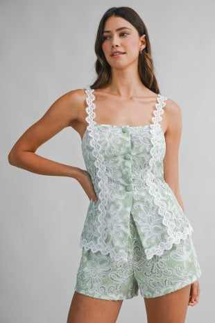 MABLE Stripe Eyelet Lace Scallop Trim Cami Top And Shorts Set in Green