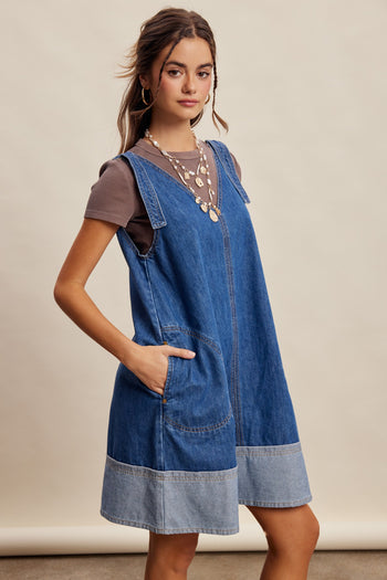 Listicle Contrast Hem Denim Shift Dress in Washed Cobalt