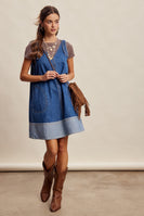 Listicle Contrast Hem Denim Shift Dress in Washed Cobalt