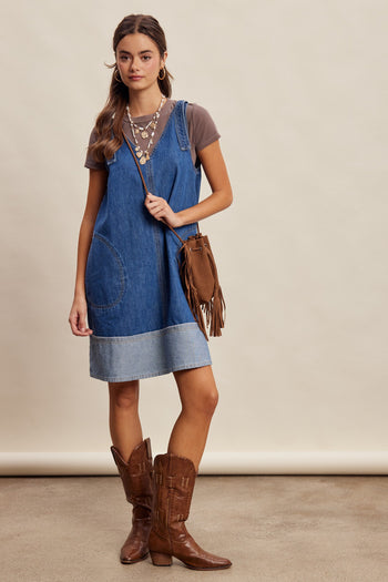 Listicle Contrast Hem Denim Shift Dress in Washed Cobalt