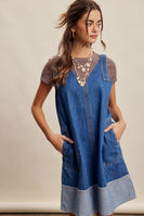 Listicle Contrast Hem Denim Shift Dress in Washed Cobalt