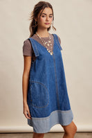 Listicle Contrast Hem Denim Shift Dress in Washed Cobalt