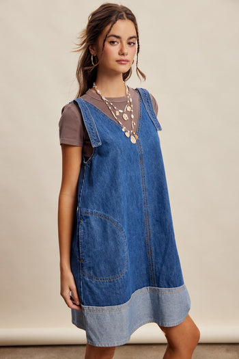 Listicle Contrast Hem Denim Shift Dress in Washed Cobalt