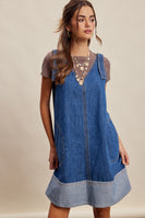 Listicle Contrast Hem Denim Shift Dress in Washed Cobalt