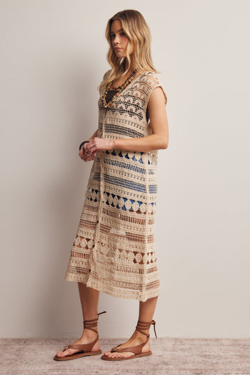 Forte Midi Length Crochet Cardigan in Cream