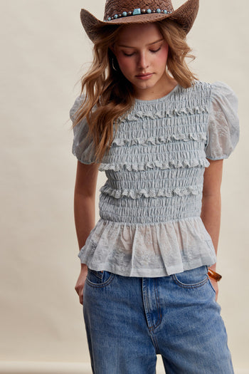 Listicle Smocked Puff Sleeve Top in Misty Blue