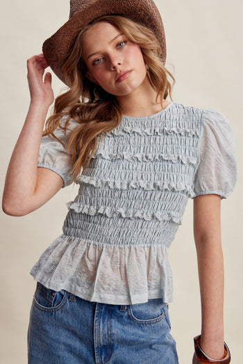Listicle Smocked Puff Sleeve Top in Misty Blue