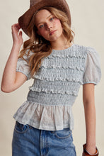Load image into Gallery viewer, Listicle Smocked Puff Sleeve Top in Misty Blue
