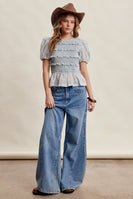 Listicle Smocked Puff Sleeve Top in Misty Blue