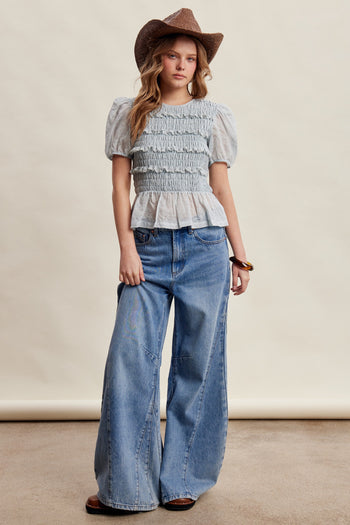 Listicle Smocked Puff Sleeve Top in Misty Blue