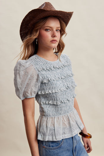 Listicle Smocked Puff Sleeve Top in Misty Blue
