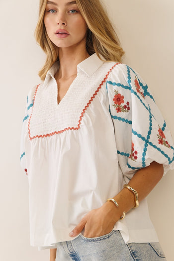 Oddi Cotton Poplin Top with Embroidery in White