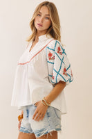 Oddi Cotton Poplin Top with Embroidery in White