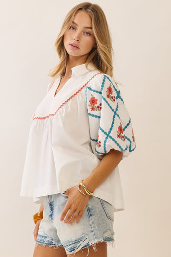 Oddi Cotton Poplin Top with Embroidery in White