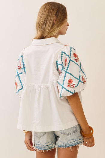 Oddi Cotton Poplin Top with Embroidery in White