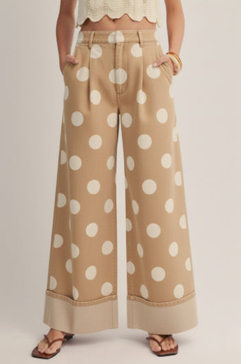LovLov Washed Timeless Polka Dot Cuffed Hem Wide Leg Denim Pants in Oatmeal