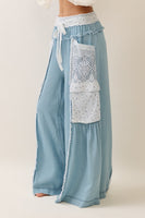 Oddi Tencel Wide Leg Pants with Floral Gauze and Crochet Lace Details in Washed Denim
