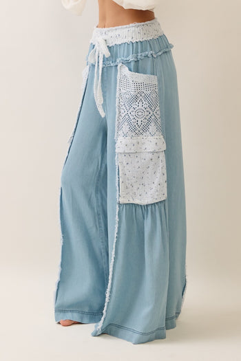 Oddi Tencel Wide Leg Pants with Floral Gauze and Crochet Lace Details in Washed Denim