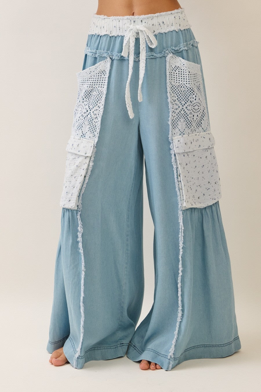 Oddi Tencel Wide Leg Pants with Floral Gauze and Crochet Lace