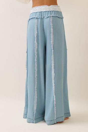 Oddi Tencel Wide Leg Pants with Floral Gauze and Crochet Lace Details in Washed Denim