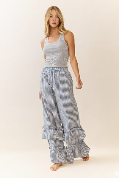 Oddi Striped Pants with Ruffle Hems in Navy Combo – June Adel