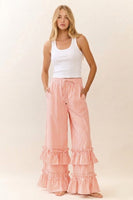 Oddi Striped Pants with Ruffle Hems in Coral Combo