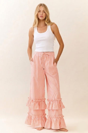Oddi Striped Pants with Ruffle Hems in Coral Combo