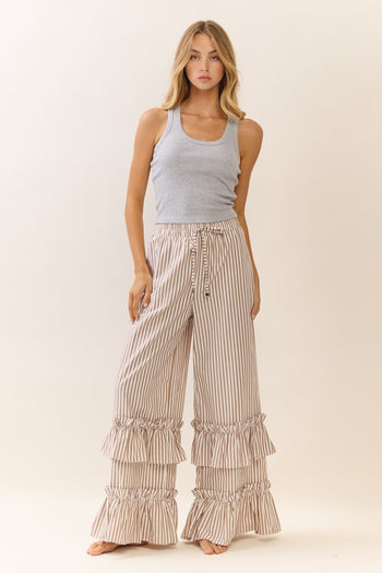 Oddi Striped Pants with Ruffle Hems in Taupe Combo