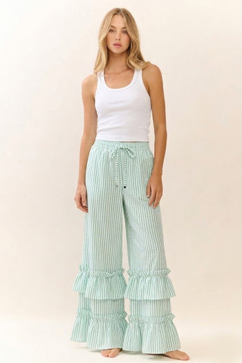 Oddi Striped Pants with Ruffle Hems in Mint Combo