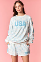 Peach Love French Terry Floral Set with USA Patches in Light Blue
