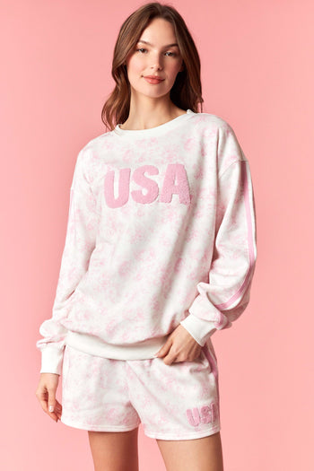 Peach Love French Terry Floral Set with USA Patches in Light Pink