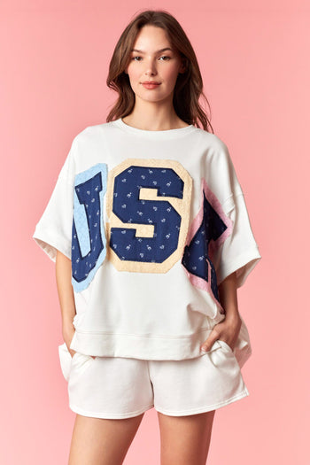 Peach Love Floral Print Twill USA Patched Top in Off White