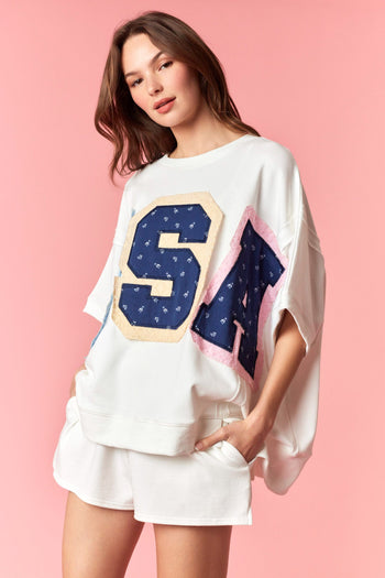 Peach Love Floral Print Twill USA Patched Top in Off White