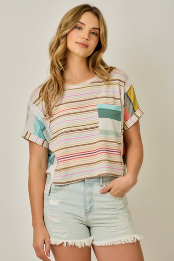 Mystree French Terry Mixed Stripe Knit Top in Multi