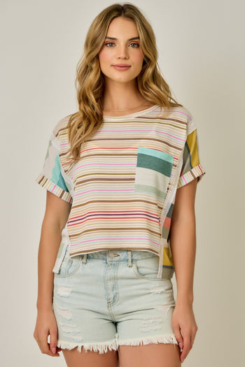 Mystree French Terry Mixed Stripe Knit Top in Multi
