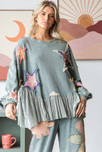 Load image into Gallery viewer, Oli &amp; Hali Mineral Washed Star Patched Top with Contrasting Ruffled Hem in Sage
